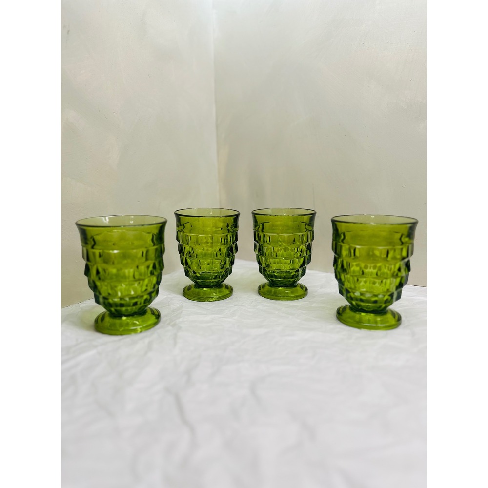 Vintage MCM Indiana Glass Avocado Green Whitehall Cubist Footed 4" Tumbler Set/4